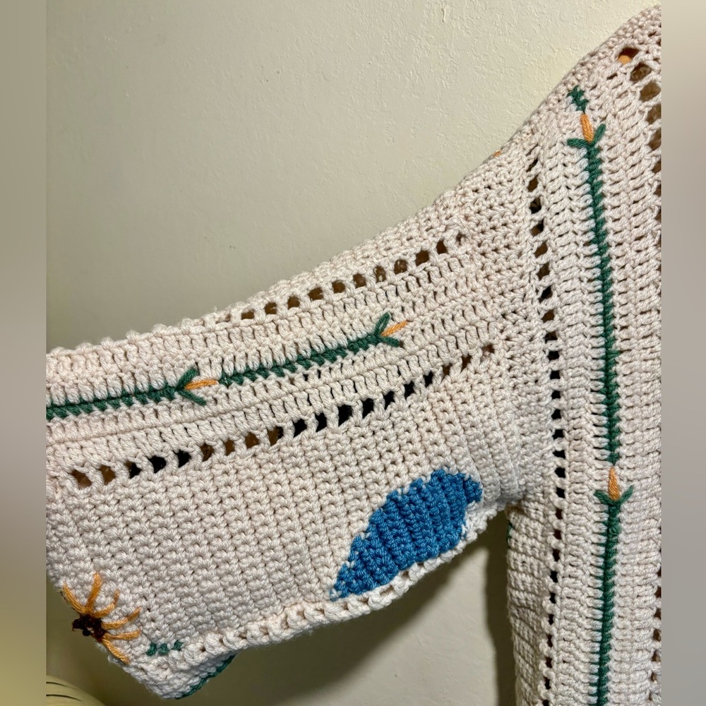 Handmade Boho Granny Knit Blanket Hearts Flowers Blue, Yellow, Cream Cardigan - Picture 6 of 8